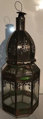 Moroccan Style Glass & Metal Hanging Lantern Tea Light/Candle Holder  18in Tall • $28