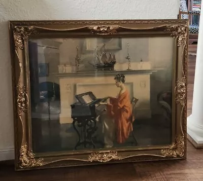 Vintage Lithograph Marguerite S Pearson “At The Melodeon” Piano Gold Gesso Frame • $249
