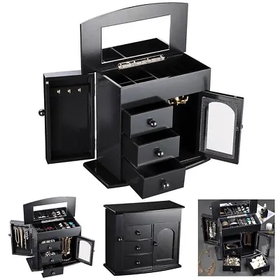Black Jewelry Box Case Built-in Mirror Necklace Organizer Storage Ring Earring • $39.90