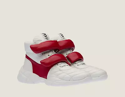 Miu Miu Prada 5t439d White Quilted Leather Logo Red Straps  High Top Sneakers 39 • $332