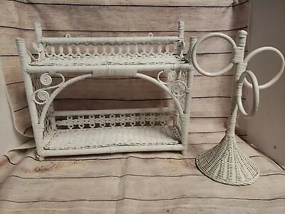 Vintage White Wicker Bamboo Boho Cottage Shabby Tier Shelf & Towel Stand Holder  • $40