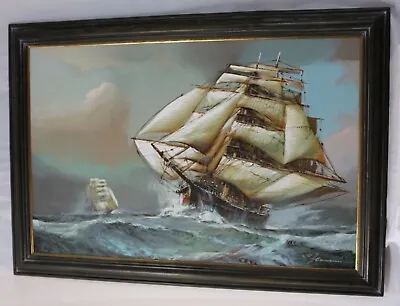Galleon At Sea Oil Painting Signed Oil On Canvas Framed In London LARGE Painting • £650