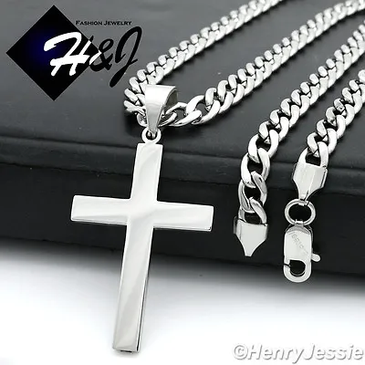 $19.99 • Buy 18-40 MEN Stainless Steel 4/5/6/7mm Silver Curb Necklace Plain Cross Pendant*P64