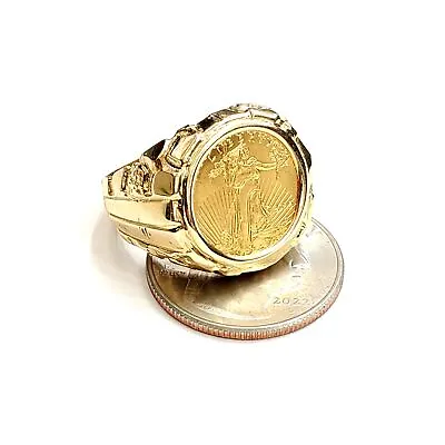 14K Gold Nugget Men Coin Ring Size 9.75 13.4g 5 Dollar 1/10 Oz 22k American... • $1990.27