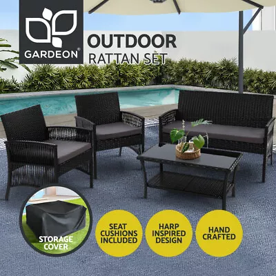 Gardeon 4PCS Outdoor Sofa Set With Storage Cover Wicker Harp Chair Table Black • $280.95