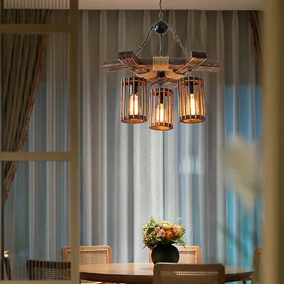 3-Light Chandelier Island Hanging Lamp Industrial Pendant Ceiling Wooden Fixture • $62