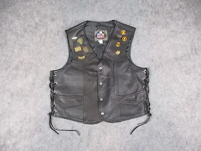 Vintage Leather Vest Mens XL Black Biker Motorcycle Patches Pins Made In USA 90s • $49.99