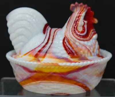 VTG Westmoreland White & Cadmium  Slag Glass  Rooster On Nest Covered Candy Dish • $62