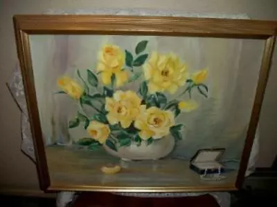 MID CENTURY OIL PAINTING YELLOW ROSES STILL LIFE 1950s FRAMED SIGNED • $171.04