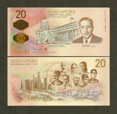 Singapore 20 Dollars New 2019 200th Bicentennial Commemorative UNC Polymer NOTE • $29.99