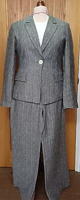 Ladies Italian Fabric Linen Trouser Suit Light Grey And White Pin Stripe Size 14 • £15