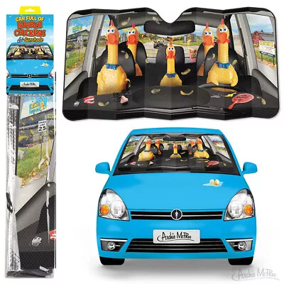 CAR FULL OF RUBBER CHICKENS AUTO SUN SHADE  Size 50  X 27-1/2  - Protects Cools • $20.99