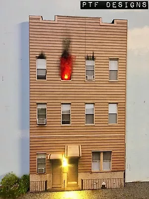 O Scale Scratch Built ”APARTMENT BUILDING ON FIRE” LED Front/Flat MTH Lionel • $22.99