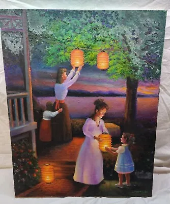 $89.90 • Buy Vintage Oil Painting Canvas Board Art 16x20 Woman Child Lantern Birthday Party