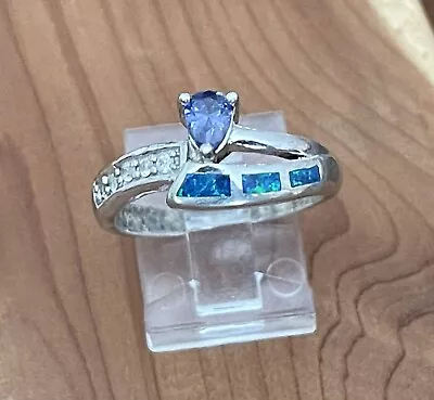 Vintage Sterling Silver Trillion Tanzanite Fire Opal Inlay CZ  Ring Size 8.75 • $45