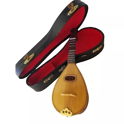 Vintage Miniature Mandolin Wooden Instrament Music Box Faux Black Leather Case • $35