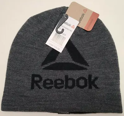 Reebok Men's Beanie Hat Black One Size Reversible Big Logo Knit Warm New MSRP$30 • $9.95