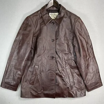 VINTAGE 90s Eddie Bauer Leather Jacket Men’s Size Medium Collar Button Brown J24 • $64.48