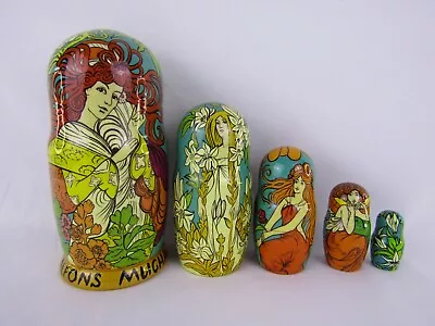 Matryoshka Nesting Dolls 7  5 Pc. Alfons Mucha Artist Hand Made Russian 1038 • $86.44