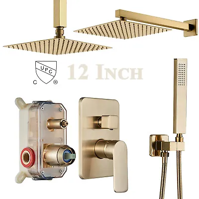 $121 • Buy Brushed Gold Shower Faucet Set System Rainfall Shower Head Combo W/Mixer Valve