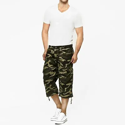 Mens Camouflage 3/4 Cargo Combat Shorts Elasticated Waist Pocket Summer Trousers • £11.99