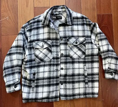 ZARA Womens Plaid Overshirt Shacket Black White Wool Blend Coat • $40