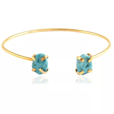 Raw Birthstone Sky Blue Turquoise Gold Plated Prong Set Adjustable Open Bangle • $7