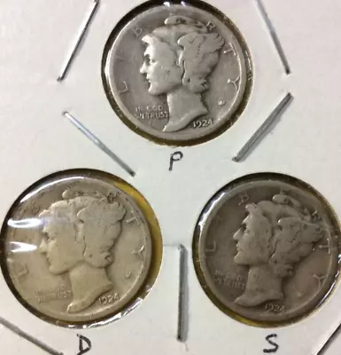 1924 P D S Mercury 90% SILVER Dimes - Circulated - ALL 3 MINTS - 100 Years Old ! • $9.99