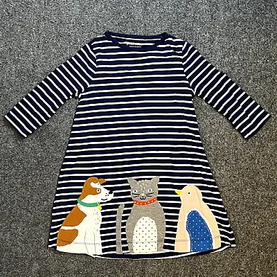 Mini Boden Dress Girls 7 To 9 Kids Dog Cat Bird Applique Animals Blue Stripes • $19.98