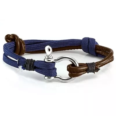 Mens Adjustable Blue Brown Cord Sailor Rope Knot Anchor Wrap Wristband Bracelet • £6.99