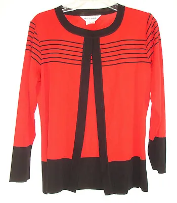 Exclusively Misook Open Cardigan Sweater Red Black Striped Long Sleeve Petite XS • $15.13