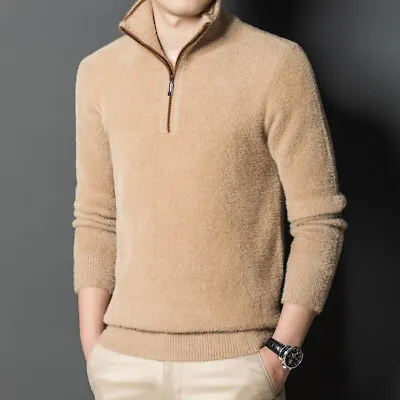 Faux Mink Velvet Thicken Sweater Men Half Zipper Stand Collar Warm Knitted Shirt • $119.25