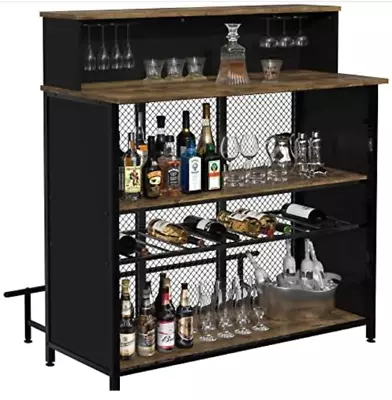 Home Mini Liquor Bar Rustic Brown Wood Standing Table With Storage And Footrest • $219.88