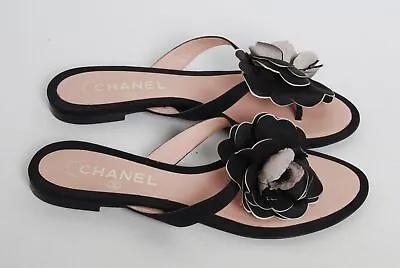 CHANEL Women Beige Black Flip Flop Shoes Leather Floral Flat Sandals Sz EUR 37.5 • £405.34