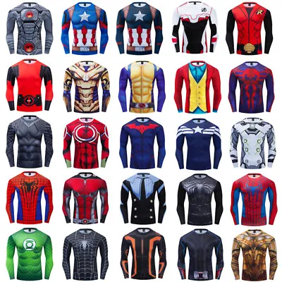 Men Superhero 3D Base Layer Tee Compression T-Shirts Gym Jersey Tight Tops Long • $13.77