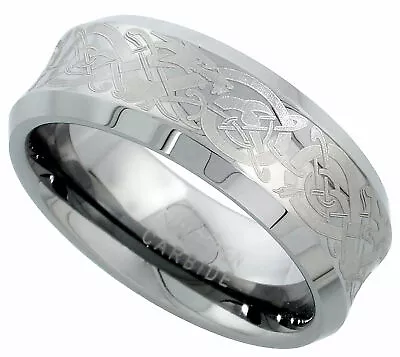 Tungsten Carbide Ring Men Wedding Band Concave Etched Celtic Dragon Pattern 8mm • $22.79