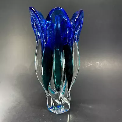 Vintage 10  Royal Gallery Hand Blown Blue & Green Art Glass Tulip Vase • $29.99