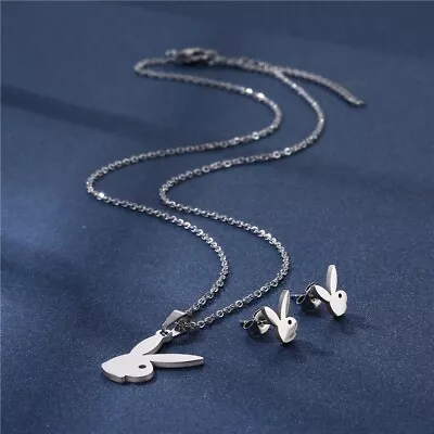 £5.99 • Buy Playboy Necklace & Earrings Set Ear Studs Silver Bunny Rabbit Pendant Chain Logo