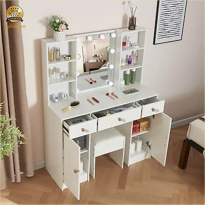 Dressing Table Vanity Makeup Desk With Lighted Mirror 2 Large Drawers And Stool • £156.80