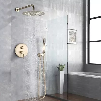 Brushed Gold Concealed Bathroom Shower Mixer Set Rain Head Round Valve System • £90