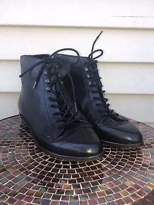 Vtg Nine West Western Style Boots Black Leather Granny Victorian Lace Up Size 7m • $45