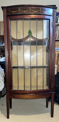 £150 • Buy Antique Edwardian Inlaid Mahogany Display Cabinet With Stained Glass Motif 