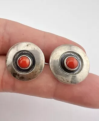 Vtg Navajo Sterling Silver Stamped Natural Red Coral Round Screw Post Earrings • $49.95