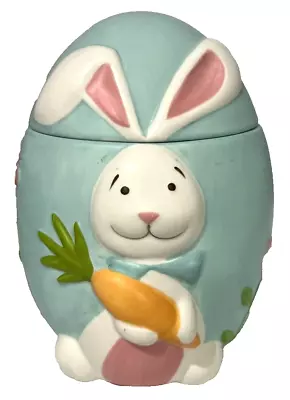 2010 Easter Bunny Ceramic Cookie Jar Spring Pastels Egg-Shaped W/Bunny & Carrot • $14.44