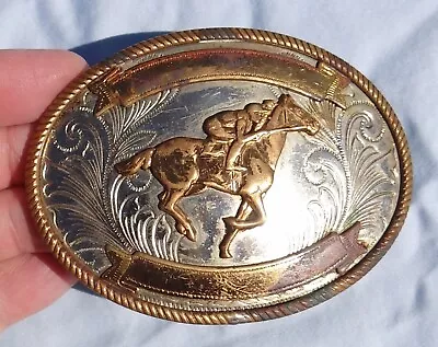 Vintage Nickel Silver Racehorse/Horse Jockey/Cowboy/Western Belt Buckle • $29.99