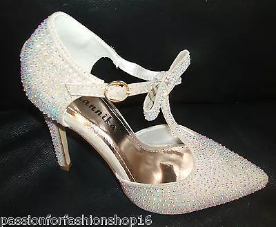 Bnwb Size 2 2.5 3 Silver Grey Diamante T Bar Bow Wedding Special Occasion Shoes • £28.99