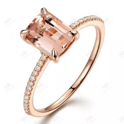 2Ct Emerald Cut Morganite & Zircon Halo Engagement Ring 14K Rose Gold Over 925 • $84.99