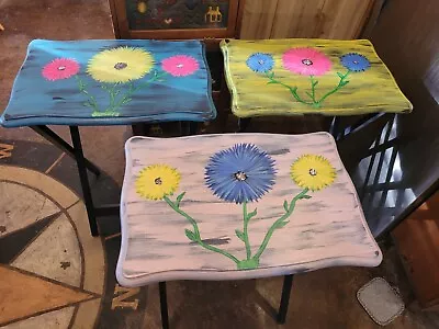 3pc Vintage Mid Century MCM Wood Folding Tv Table Hand Painted Patio Tray 3 Pc • $130