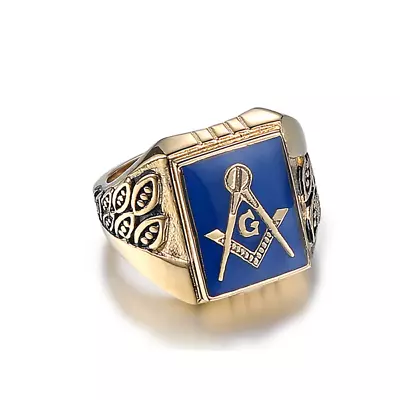 Masonic Ring Freemason Accepted Men Stainless Blue Gold G Square Compass Eye US • $16.95