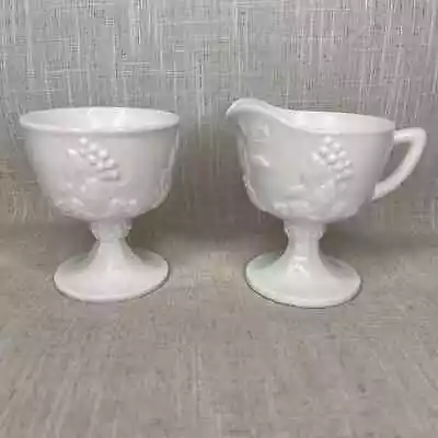 Vintage Indiana Colony Harvest Milk Glass Footed Creamer Sugar Embossed Grapes • $18